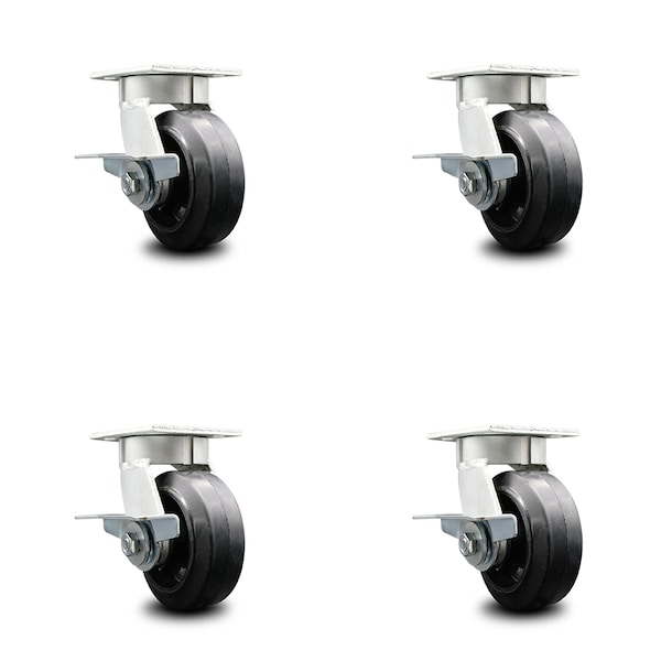 5 Inch Kingpinless Rubber on Steel Wheel Swivel Caster Set with Brakes SCC